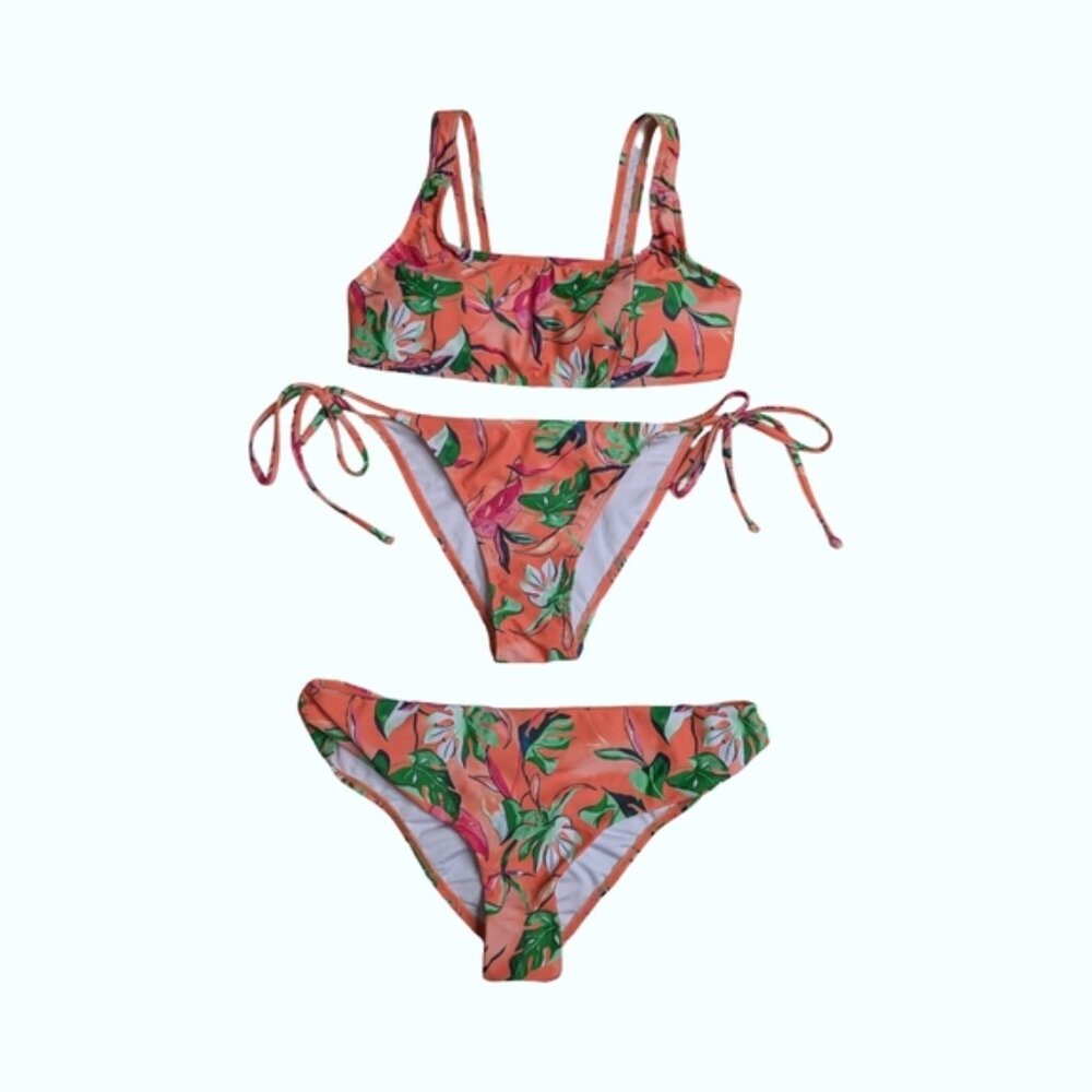 Bikini Set - Mix & Match - 3 Piece - Peach Pink Topical Print